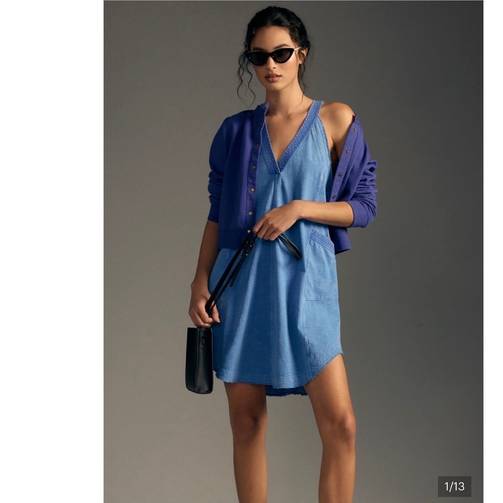 Anthropologie Daily Practice Carlie V-Neck Mini Dress Blue Racerback Pockets M